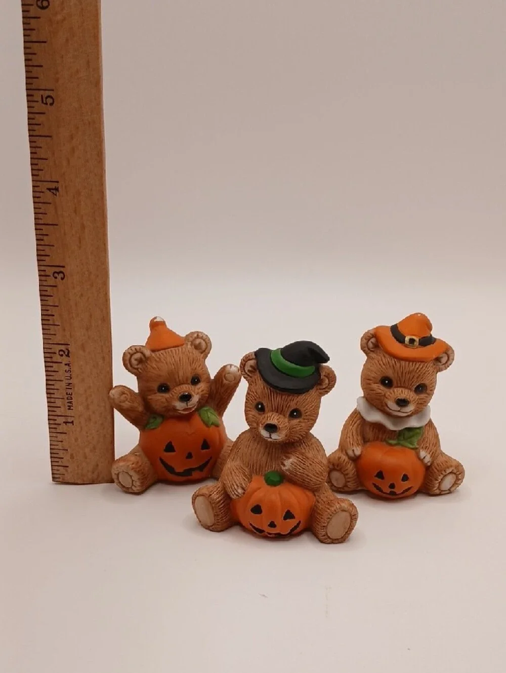3 Homco Halloween Pumpkin Jack-o-Lantern Bear Figurines #'s 5311 & 1413